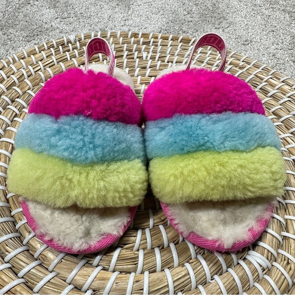UGG Girls' Fluff Yeah Logo Detail Slide Slippers Multicolor Pink Size 9 - Picture 3 of 11